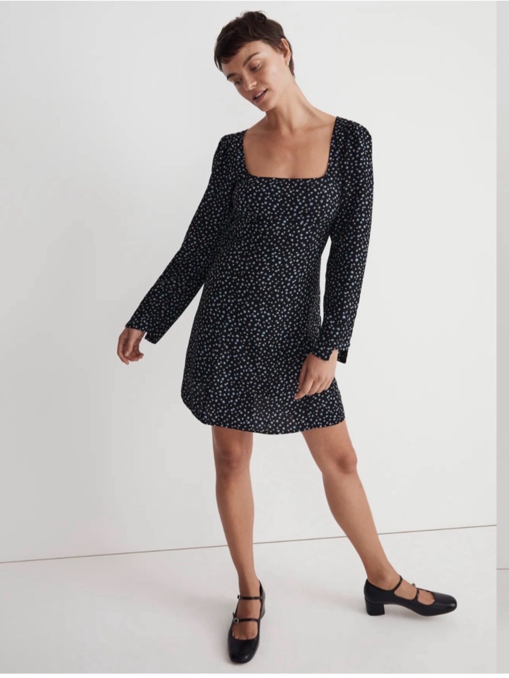 NWT Madewell Seamed Long Sleeve Mini Dress Ditsy Floral Black Size 8